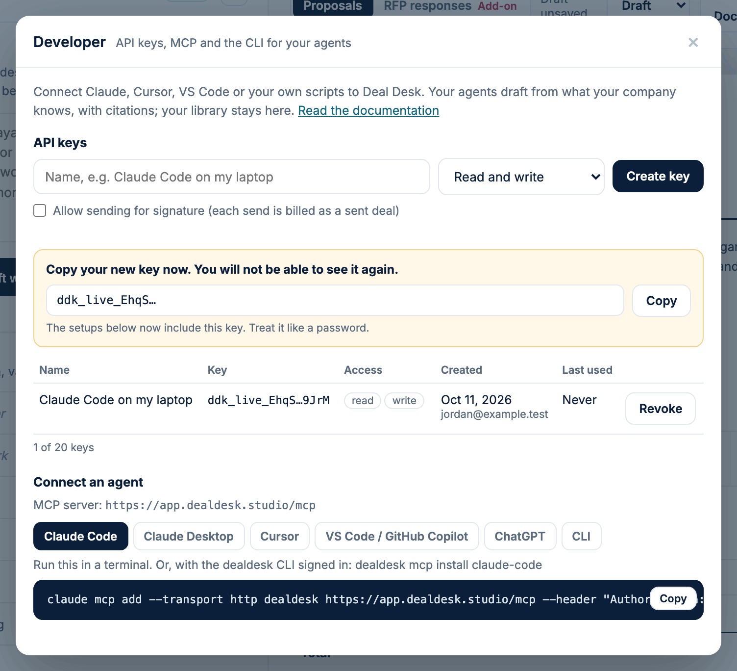 The Developer panel with a new key and the Claude Code setup