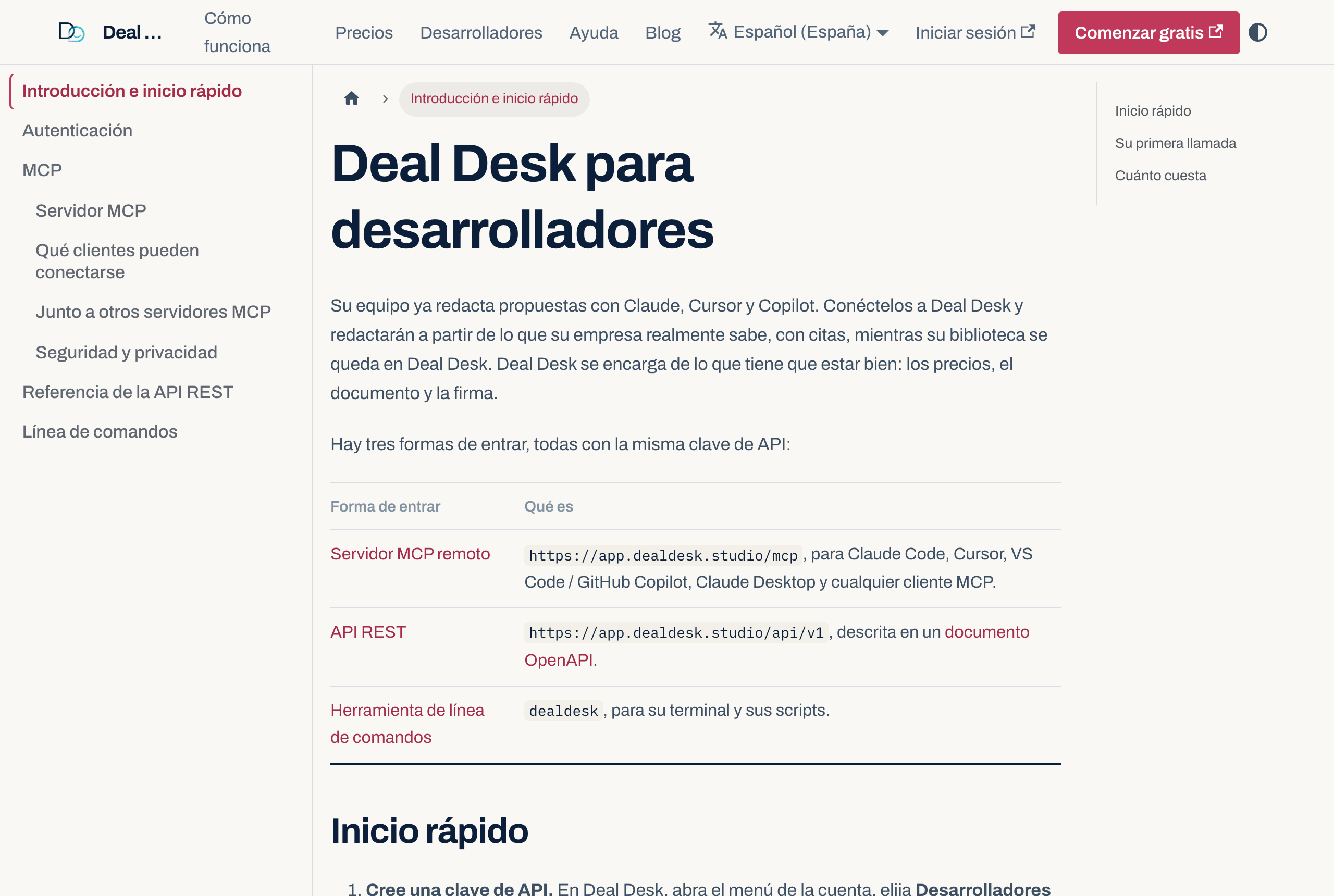 La documentación para desarrolladores de Deal Desk